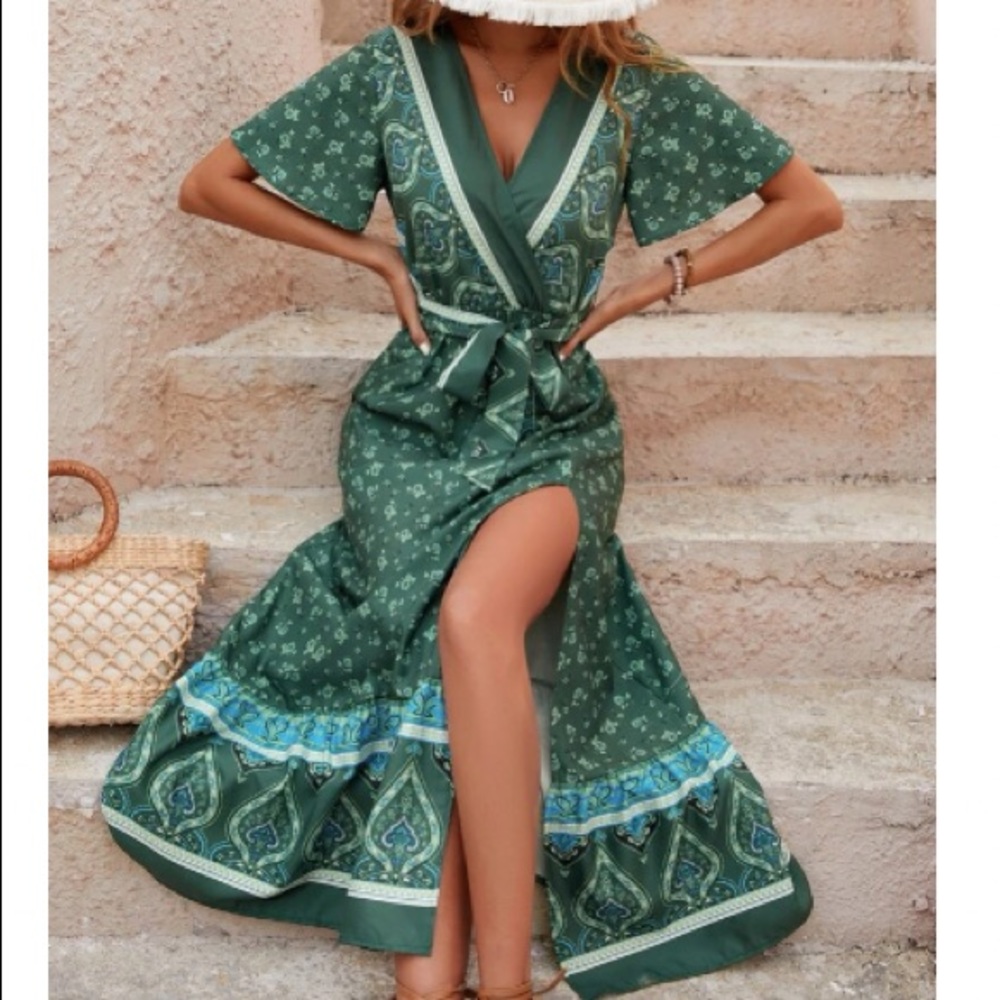 Boho paisley floral print butterfly sleeve slit thigh maxi dress